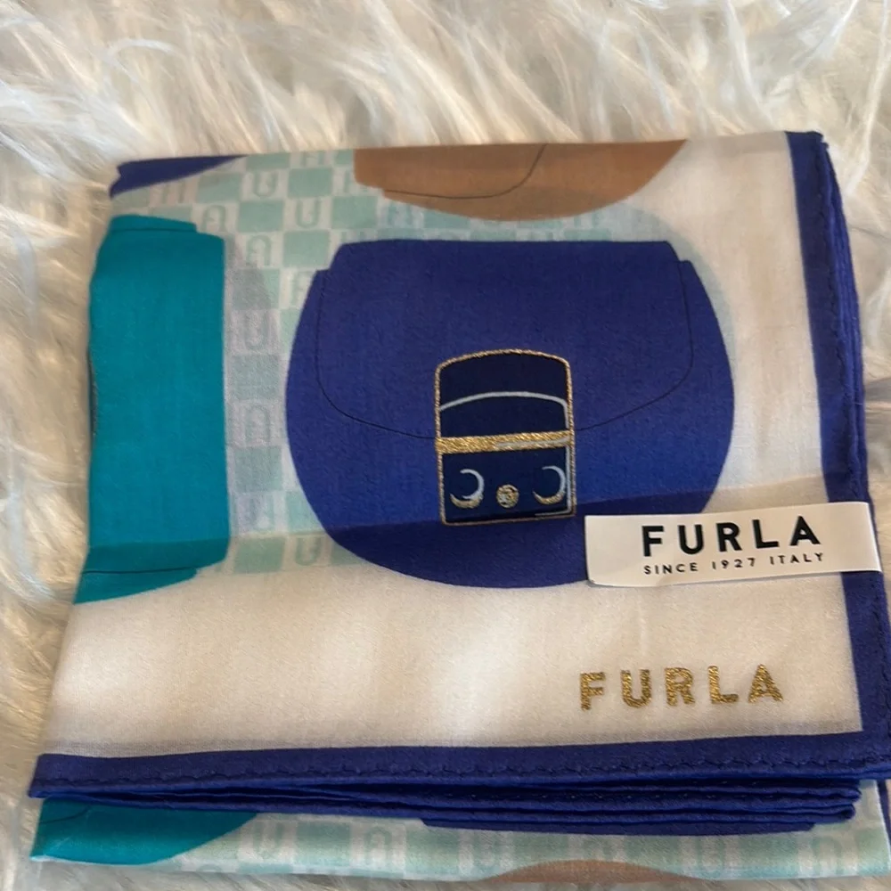 Furla Blue and Brown Patterned Scarf - Picture 4 of 4